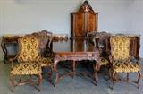 129a - Magnificent 13 Pc. marquetry inlaid Louis XV dining room suit, table, 8 chairs, china, marble top server and sideboard, matching hanging mirror, ca. 1926, by Irwin