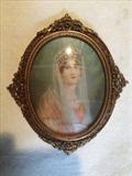 130 - Small gold Victorian frame with painting on ivory, girl with robe