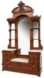 147a - Extra large three piece walnut Victorian bedroom suit, dresser with tall mirrror, half commode, bed, 7ft 10in T., over full size bed, ca. 1870