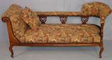 75 - unusual shaped walnut Victorian love seat, open back, carved arms, brown and gold upholstery, ca. 1880, 32in. T, 68in. L, 22in. D.
