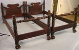 76 - Pair of mahogany twin beds, acanthus carved post, empire style, 35in. T, 37in. W, 74in. L, ca. 1880.