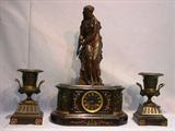 163 - 19th Century bronze and marble 3 piece Tiffany Clock Set, signed Dial and Works with bronze figure sinned, Dumaige.