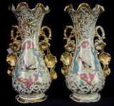 515 - Pair of old Paris vases, gold leaf with birds, ca. 1860, 15in. T, 8in. W.