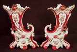 512 - Pair of rococo cornucopia old Paris vases, ca. 1860, floral with deep rose background, 12in. T, 7in. W.