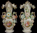 516 - Pair of old Paris vases, portrait scene with porcelain flowers, ca. 1860, 14in. T, 8in. W.