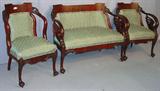 354 - Mahogany 3 piece parlor suit with goose neck arms, large claw feet, green upholstery, ca. 1880.