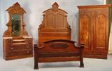 355 - Walnut Victorian 3 piece bed room suit, bed measures 8ft. T, 59in. W, 72in. L, dresser, 7ft 10in. T, wardrobe, 7ft 8in. T, ca. 1875.