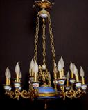 174 - Sevres style blue porcelain chandelier, 36in. W, 16 arms.