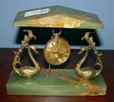 155 - English gold pocket watch, key wind with alabaster and bronze swan holder, watch has 2 color gold engraving by Arnold Adam, London England.