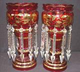 205 - Pair of cranberry mantle lusters, 13in. T, gold paint, ca. 1900.