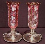 209 - Pair of Victorian candle holders with cranberry hurricane shades, 15in. T, ca. 1880.