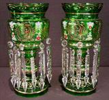 221 - Pair of large green mantle lusters, double ring of prisms, 17in. T, 8in. Dia.