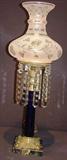 219 - Astral lamp with black marble base and cobalt blue shaft, ca. 1850, 27in. T with prisms.