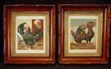226 - Matching pair of walnut Victorian hand carved frames with Victorian rooster prints, 15in. T, 14in. W.