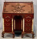 235 - Centennial Chippendale mahogany drop front desk with onyx columns and interior, 44in. T, 39in. W, 20in. D, made for Chicago Exposition.