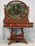 255 - Mahogany federal vanity with dolphins support on mirror and base, 64in. T, 43in. W, 20in. D.