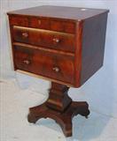 261 - Two drawer mahogany empire work stand with lift top, 29in. T, 18in. W, 14in. D.