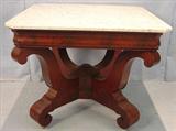 264 - Mahogany empire center table in original finish with white marble, 29in. T, 37in. Sq.