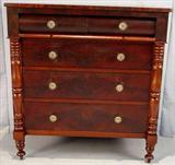 301 - Mah, 4 drawer empire chest, glass pulls turned column front 45 tall , 42 wide ,21 deep ca,1880.