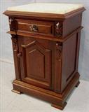 306 - Walnut, Victorian, marble top half commode with white marble, wood carved pulls, 31 tall, 21in wide, 17in deep ca1860.