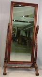 322 - Mahogany dressing mirror with swan neck supports, ball and claw feet, extra stretcher, applied carving, ca. 1880, 74in tall , 33in wide ,25in deep.