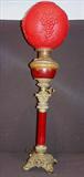 214 - Victorian banquet lamp with red satin shade and red lamp shaft, 36in. T, ca. 1880.