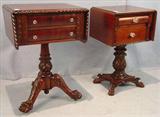 336 - Mahogany drop leaf work table with gadrooned edged top, acanthus carved base , claw feet.
337 - Mahogany 2 drawer drop leaf nite table with glass pulls and acanthus carved base, ca. 1880.