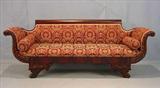 351 - Mahogany federal sofa with acanthus carved arms, red and gold upholstery, 82in long, 43in tall, 19in deep, ca 1840.