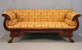 352 - Mahogany empire sofa with gold floral uphol and claw feet, 80in long, 34in tall, 19in deep, ca.1840.