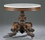 113 - Large and Rare oval walnut marble top table with hairy Ball and Claw Feet. 3 Ft. L., 2 Ft. 3 In. W.