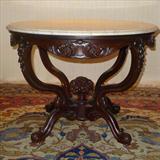 116 - Large Rosewood BELTER Marble Top Table with laminated skirt, in The Rosalie Pattern. 3 Ft. Diameter