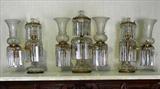 125 - Rare and Phenomenal 3 piece gilt bronze and crystal argand lamp set, double arm, 2ft. T, 20in. W, single arms, 21in. T., 14in. W.