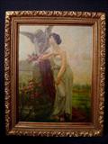 155 - Very Large Oil on Canvas of a Beauty and Cupid , Artist Signed 4 Ft. H. , 3 Ft. W. overall, 5ft. H, 4ft. W.