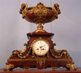 1102 - Large antique French bronze and marble clock with large bronze cup on top.