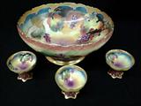 1356 - Hand painted T&V Limoges punch bowl with 3 hand painted cups.