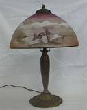 1357 - Reversed painted lamp with bronze base, 28in. T, ca. 1920.