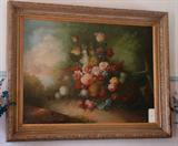 393 - Large oil on canvas by Thomas Lee, 42in. T, 57in. W, gold frame, floral, ca. 1905.