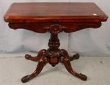 53 - Rosewood game table, 36in. W, 39in. T, 18in. D, acanthus carved base, ca. 1860.