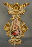 55 - Single old Paris vase, 18in. T, gold decoration with pink flowers.