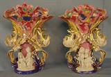 57 - Pair of pink Old Paris vases with parin figures, 15in. T, 13in. W, ca. 1880.