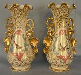 60 - Pair of old Paris vases with birds, lots of gold, 14in. T, 8in. W, ca. 1880.
