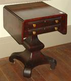 205 - 2 drawer empire drop leaf work table with pumpkin base and scroll feat, 20in. T, 20in. W, 19in. D
