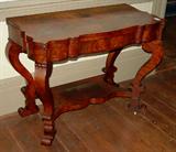 210 - Empire flame mahogany game table, ca. 1850, attr to Meeks, 30in. T, 36in. W, 19in. D.