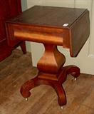 219 - Mahogany drop leaf work table with pumpkin base, 1 drawer, 29in. T, 21in. W, 19in. D.