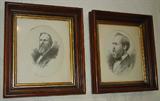 237 - Pair of   walnut Victorian shadow box frames with print of men, 16 x 13.