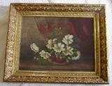239 - Oil on canvas of flowers in gold gilt frame, 26 x 20.