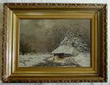241 - Oil on canvas of winter scene with cabin and children, 24 x 18.
