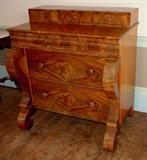 400 - Flamed mahogany empire chest, on scroll legs, scroll column front, 6 drawers, 43in T, 37in. W, 26in. D, ca. 1840.