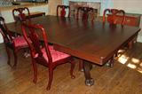409 - Five leaf square  banquet table with claw  feet, 58in. W. 9ft 10in. L. 347 - Set of 10 chairs, 2 need repair, 39in. T, 23in. W, 18in. D.