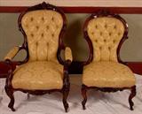 106 - Pair of French polished rosewood rococo ladies and gent chairs.
